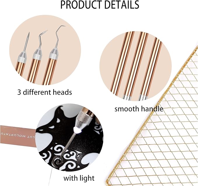 3PCS LED Weeding Tools for Vinyl with Light with Pin and Hook Lighted Pin Pen Weeding Tool for Removing Iron on Tiny Vinyl Paper Silhouette Cutting Machines Supply (Rose Gold) (3PCS-Rose Gold)