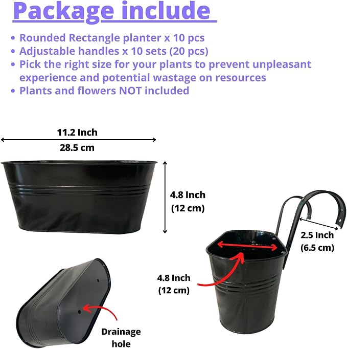 LaLaGreen Outdoor Plants Rail Planter (11.2 Inch, 10 Pack) Black Metal Iron Hanging Flower Pots Deck Railings Fence Buckets Modern Boho Style Wall Mount Window Box Plant Holder Hooks Porch Home Decor