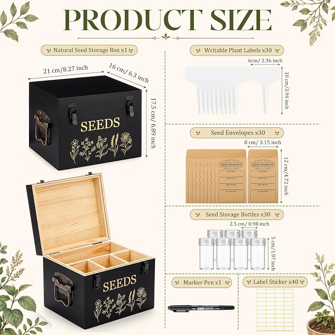 Amyhill 132 Pcs Bamboo Wood Seed Storage Organizer Box with Lid and Safety Locks, 4 Compartments Seed Saving Box with Double-layer Seal Design, Include Jars Envelopes Labels Stickers for Gardener Gift