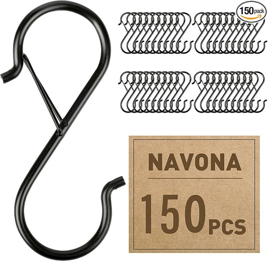 150 Pcs S Hooks for Hanging Heavy Duty, 3.5-inch Heavy Duty Metal S Hook with Safety Buckle, Suitable for 0.5 inch Rods, S Hook for Hanging Plants, Closet, Kitchen Utensil, Pot, Pan, Bags