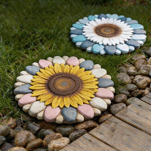 Sunflower Flower Cement Stepping Stones, 2 Pack, 10 Inch, Heavy Duty Non-Slip Outdoor Walkway Decor for Yard, Patio, Lawn