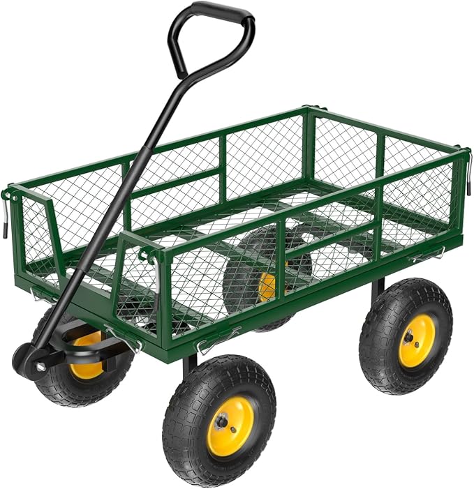 VINGLI Heavy Duty 800 LBS Mesh Steel Garden Cart, Detachable Utility Wheelbarrow, Yard and Garden Wagon Cart with Removable Sides and 10 Inch Wheels (Green)