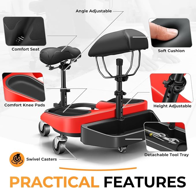 Auto Dynasty Kneeling/Sitting Creeper, 300 LBS Rolling Knee Pads with Seat and Chest Support, Knee Creeper with Swivel Casters and Tool Tray for Tile Parquet Cleaning, Auto Repair, Garden Maintenance