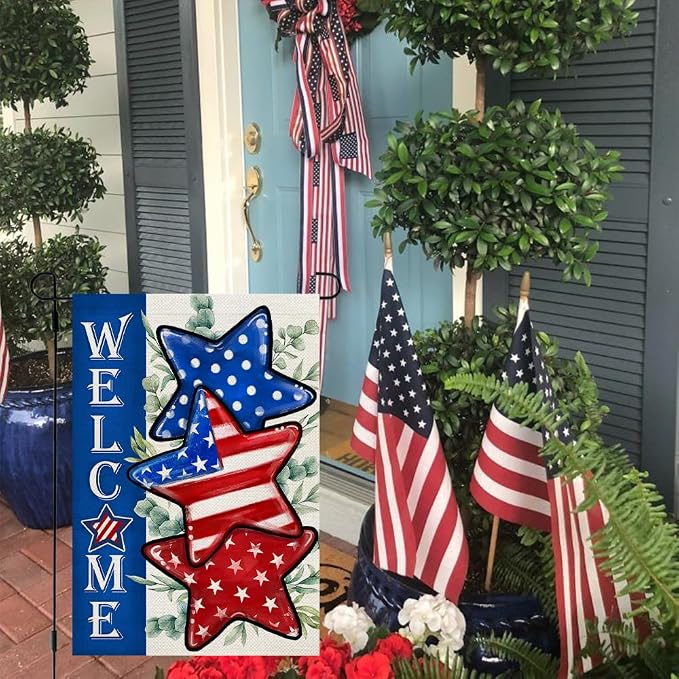 CROWNED BEAUTY 4th of July Patriotic Stars Garden Flag 12x18 Inch Double Sided for Outside Small Burlap Independence Day Welcome Yard Decorations