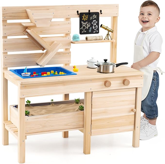 Costzon Mud Kitchen for Kids, Outdoor Play Kitchen w/Detachable Sandbox, Stoves, Sink, Chalkboard, Sand Funnel & Storage Shelf, Wooden Mud Table, Backyard Garden Toy Gift for Boys Girls Aged 3-8