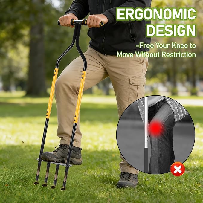 Knee-Friendly Manual Lawn Aerator Tool, 42.6-45 Inch Adjustable Height Core Aerator for Grass, Pre-Assembled Yard Aeration Tool with 4 Hollow Tines for Lawn Care and Compacted Soil