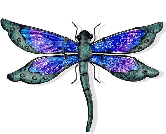 HONGLAND Metal Dragonfly Decor, Dragonfly Outdoor Wall Decor, Metal Wall Art, Wall Sculptures Gifts Hanging Decorations for Garden Yard Home-Blue 14 Inch