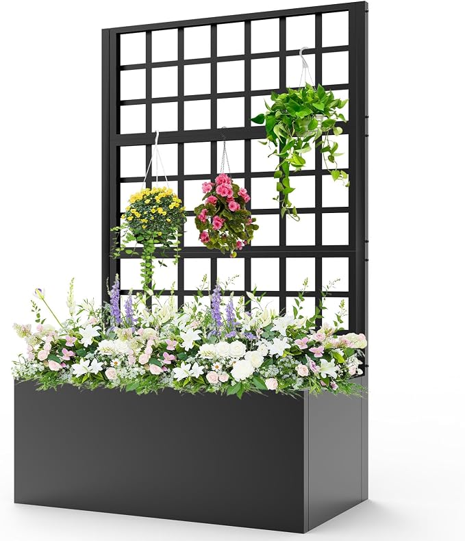BUKLIYN Metal Planter with Trellis - Trellis with Planter Box & Privacy Screen, Outdoor Raised Garden Bed for Climbing Plants(63"x31.5"x16")