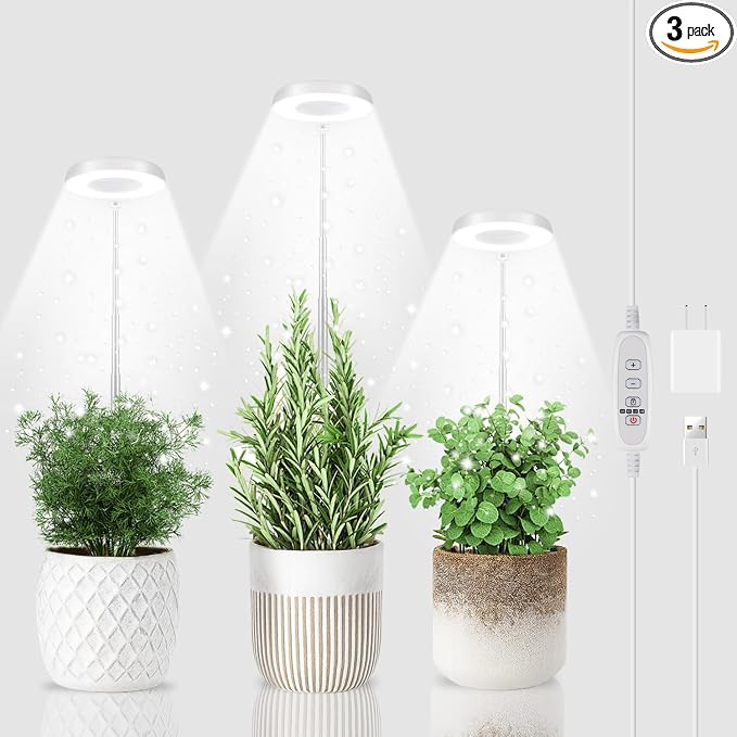 GYTF 3 Pack Halo Grow Light for Indoor Plants, 6000K 48 LEDs Full Spectrum Plant Lamp with Dimmable & Timer 4/8/12/18Hrs for Succulents, Mini Bonsai, Small Plants, Height Adjustable