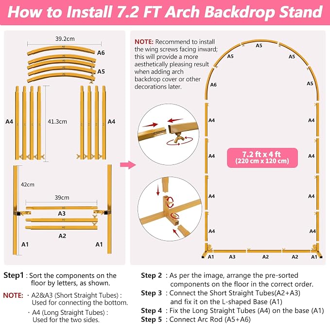 Metal Arch Backdrop Stand, 7.2FT+6FT Wedding Arches Frame, Gold Wedding Arch Backdrop Stand Set of 2, Balloon Arch Backdrop for Wedding Party Decor Birthday Baby Shower Graduation