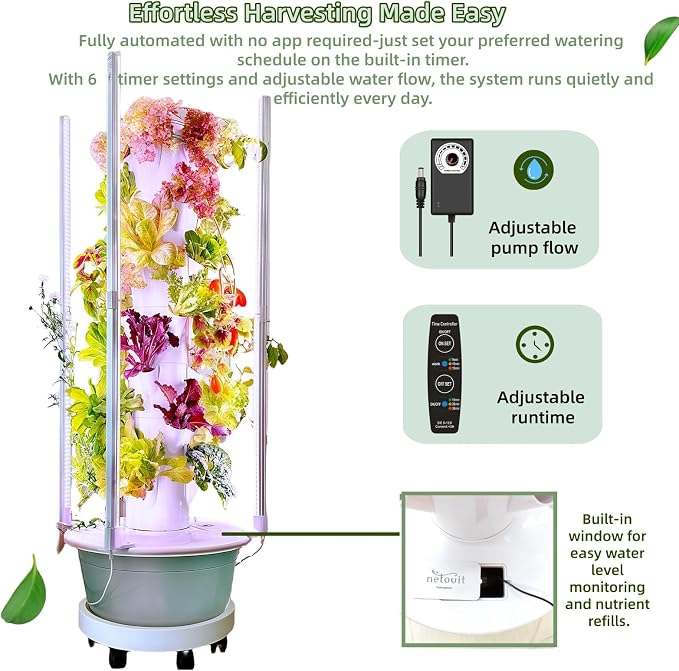 Hydroponic Growing Tower with LED Lights, 8-Layer 32 Large Planting Sites, Automatic Watering System with Dual Timer, Indoor Vertical Garden for Tomatoes, Peppers, Cucumbers, Herbs and Vegetables