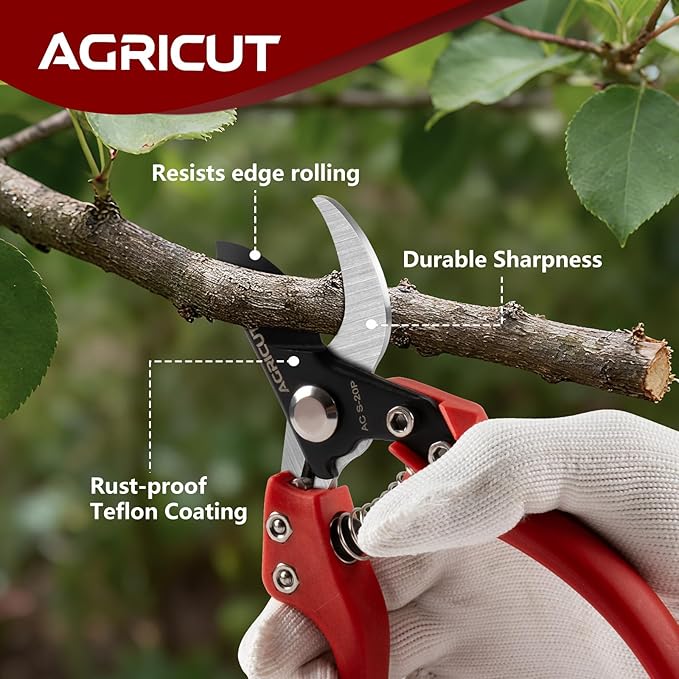 AGRICUT 7" Pruning Shears Heavy Duty Professional, Made of Japanese SK5 Steel Blades, 1 Cut Capacity, Bypass Hand Pruners Garden Clippers for Tree Flower Branch Trimming, S20P
