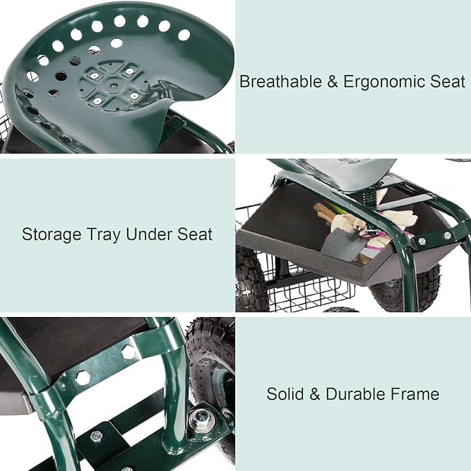 KINTNESS Garden Cart Seat Rolling Scooter Wagon with Extendable Steering Handle Swivel Seat & Utility Basket...(Green