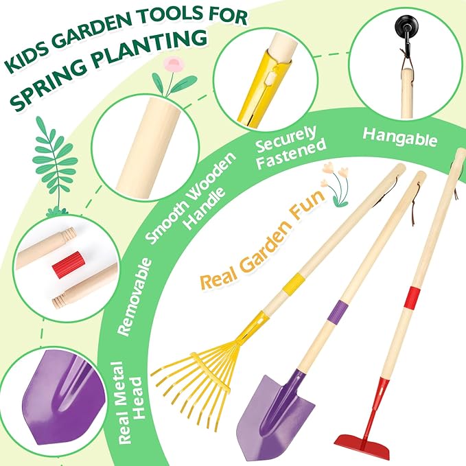 FHOZGECY Kids Gardening Set with Wheelbarrow, Metal Gardening Tools with Apron, Gloves, Watering Can, Repotting Mat, Flower Pots, Outdoor Backyard Play Learning Toys for Boys Girls Ages 3-8
