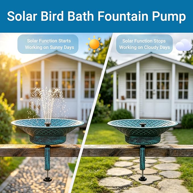 12.6" Solar Bird Bath for Deck Railing, Detachable Metal Bird Bath Bowl with 3.5" Sturdy Clamp, Adjustable Deck Bird Feeder for Outside, 2-in-1 Bird Bath for Patio