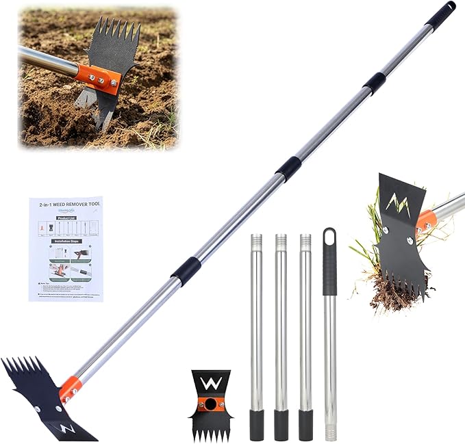 Weed Puller Tool with Long Handle, 60" Stand Up Manual Weed Remover Tool, 7-Tine Heavy Duty 2-in-1 Weed Rake&Garden Hoe for Gardening, Uprooting Weeding Pull Tool for Yard Lawn Patio Garden Flower Bed