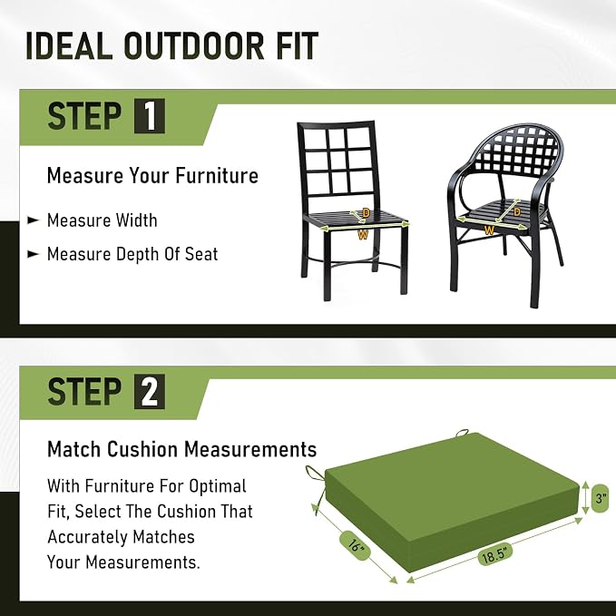 Basic Beyond Outdoor Chair Cushions Set of 6, Square Corner Outdoor Cushions for Patio Furniture, Water Resistant Patio Chair Cushions with 2 Ties, 18.5x16x3, Grass Green