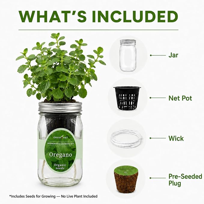 Hydroponic Herb Growing Kit, Self-Watering Mason Jar Herb Garden Starter Kit Indoor, Grow Your Own Herbs from Organic Seeds (Oregano)