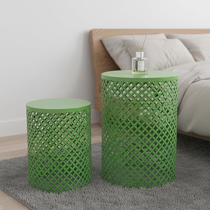 Set of 2 Outdoor Side Table, Garden Stool for Patio, Metal Accent Table Modern End Table, Patio Side Table for Garden, Balcony, Bedroom Indoor Outdoor Decorative, Vibrant Green