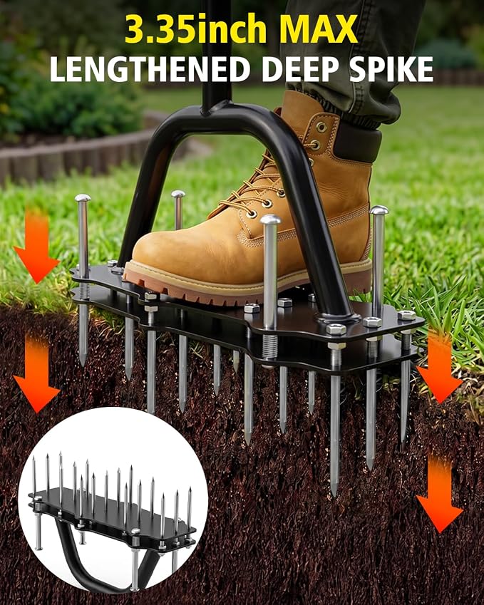 Lawn Aerator Spike Tool - 17 Iron Spikes with T-Handle for Yard and Garden | Dirt Clean & Double-Layer Spring, Manual Soil Aerator, Metal Grass Aerator with Gloves for Lawn Soil Loosening