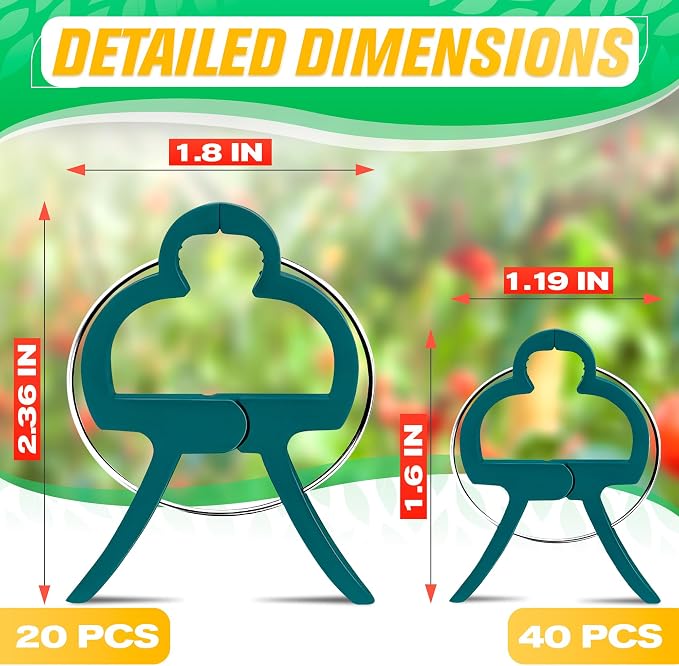 60 Pcs Garden Clips for Tomatoes in 2 Sizes (20 Large / 40 Small) - Plastic Tomato Clips for Garden with Reinforced Spring for Vines, Reusable and Waterproof - Suitable for Vegetables and Flowers