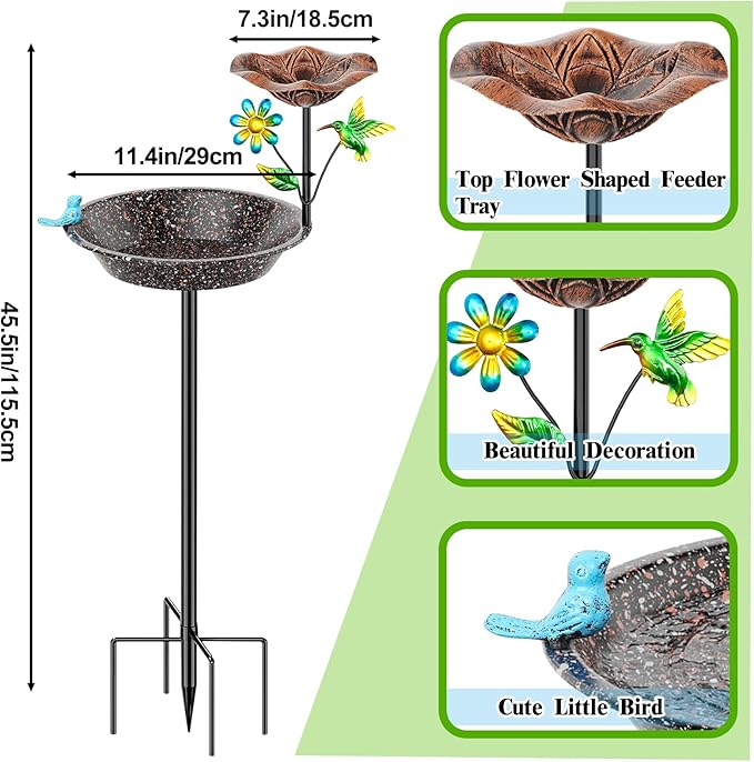 Metal Bird Bath for Outside, Birdbath Bowl Standing Bird Feeders for Outdoors with 5 Prongs Base Stake, Freestanding Birdfeeders for Garden Yard Lawn Decor (Brown 2-in-1 Bird)