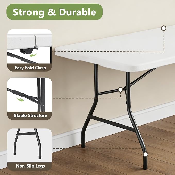 Folding Table, 8FT Foldable Picnic Table with Carrying Handle, Heavy Duty Fold-in-Half Portable Table for Weddings, Camping, RV Travel, Parties, BBQs, and Indoor Use, Easy to Fold and Store, White