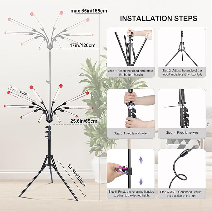 FRGROW 10Head Grow Light with Stand for Tall&Large Indoor Plants, Bonsai Tree, Big Coverage and Bright Plant Growing Lamps, 4/8/12/16/20H Timer, 90 Watt Power Draw, NO Need Adapter, 360° Gooseneck