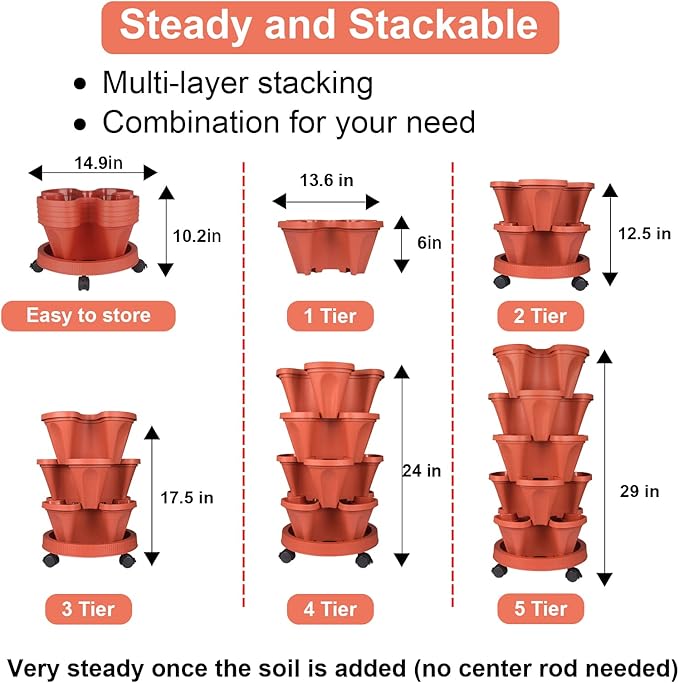 GameXcel Vertical Planter Tower - 5 Tier Stackable Garden Planters with Wheels and Tools Plant Pots for Strawberry Herb Flower and Vegetable Indoor Outdoor Use Red 2 Pack