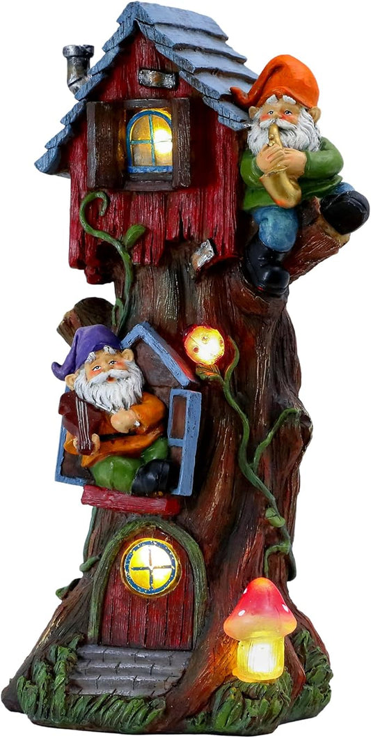 TERESA'S COLLECTIONS 11" Tall Large Garden Statues Gnome Treehouse with Solar Outdoor Light, Dad Gifts for Men,Resin Garden Decor Lawn Ornaments for Patio Yard Decor Gifts for Mom