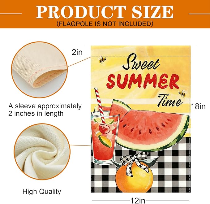 Sweet Summer Time Garden Flag, Buffalo Plaid Check Lemon House Yard Watermelon Bee Lemonade Outside Decoration, Seasonal Farmhouse Outdoor Small Burlap Decor Double Sided 12x18 Farmhouse Outdoor Yard Decoration