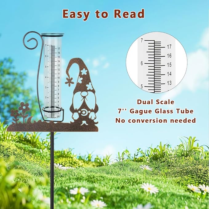 Rain Gauge Outdoor, Gnome Rain Gauges for Yard, Freeze Proof Rain Gauge with 7" Glass Tube, Metal Decorative Garden Stake for Measuring Precipitation