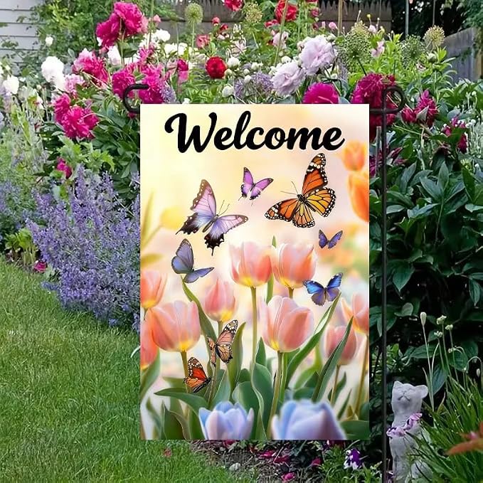 Spring Summer Garden Flag 12x18 Double Sided, Small Burlap Flowers Tulip Welcome Garden Flags Spring Summer Decorations Outdoor Yard Flags for Outside Lawn Décor