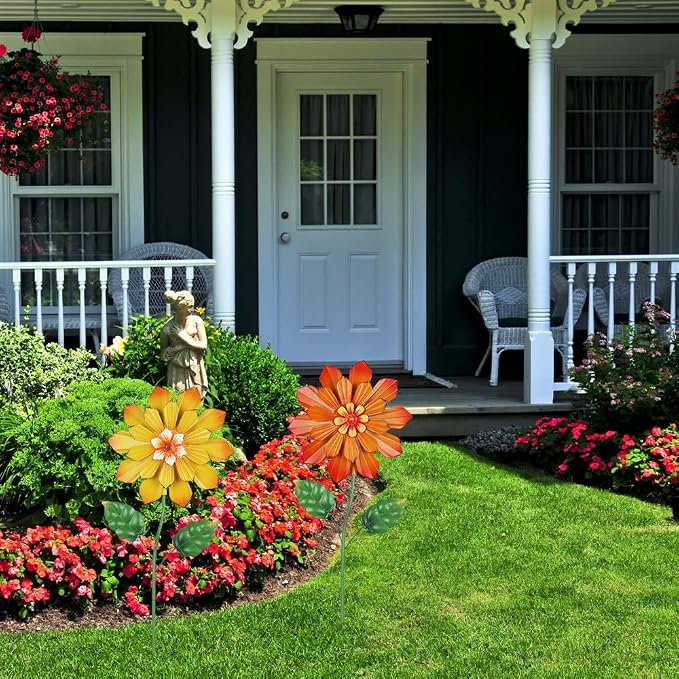 YEAHOME Garden Decor for Outside, Set of 2 Metal Flowers 23.6” Decorative Garden Stakes for Spring Decor, Yard Art Flower Stakes for Outdoor Lawn Backyard Porch Garden Decorations (Orange, Yellow)