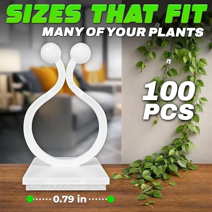 100Pcs Clear Plant Clips for Climbing Plants Indoor - White & Flexible Climbing Plant Wall Clips for Vines Organize - Universal Size Vine Clip Set with Sticky Mount, Easy Installation & Strong Grip