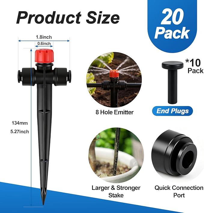 20 Pack Quick Connect 1/4 Inch Drip Irrigation Emitters, 1/4'' Drip in-line Pass Through Stream Emitters Adjustable 360 Degree Dripline Stake Emitter with 10 Plugs for DIY Sprinkler Systems