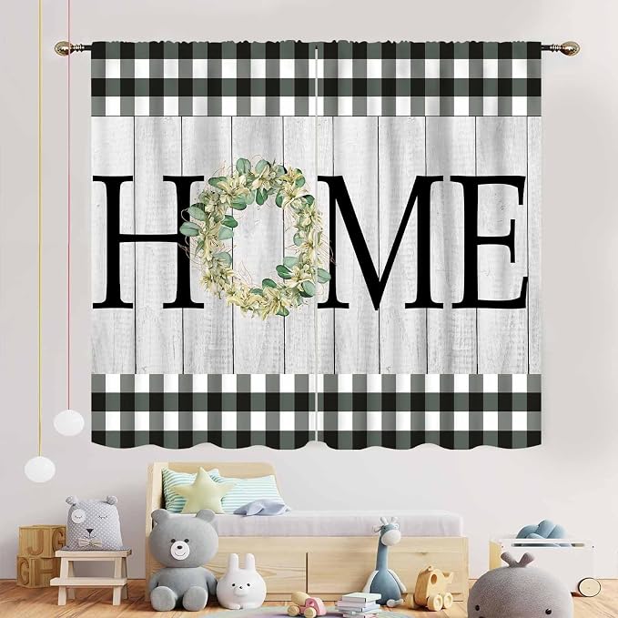 Farmhouse Curtains, Rustic Black White Checkered Plaid Wood Board Country Cottage Old Plank Botanical Wreath Drapes Window Curtains for Living Room Bedroom Kitchen Home 2 Panels, 84"x63" Inch