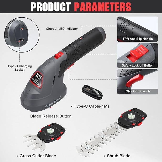 Cordless Grass Shear & Hedge Trimmer, 2 in 1 Handheld Bush Trimmer, 8V Electric Shrub Trimmer/Grass Cutter with Type-C Cable and Rechargeable Lithium-Ion Battery