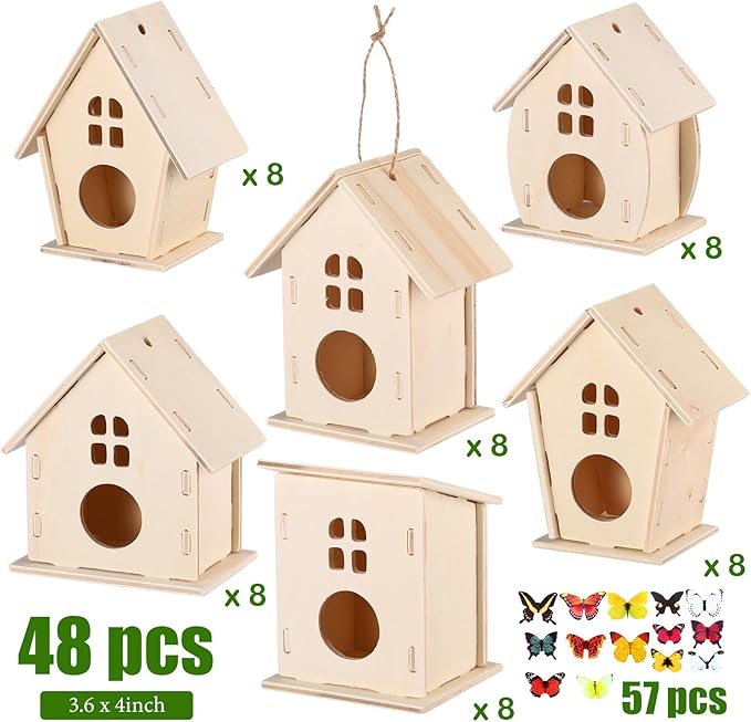 Sawysine 107 Pcs DIY Birdhouse Kits for Kids Ages 5-8 8-12, 48 Wooden Bird House Kits in 6 Shapes and 57 Butterfly Sticker for Children Spring Craft Activity Art DIY Project(Lovely Style)