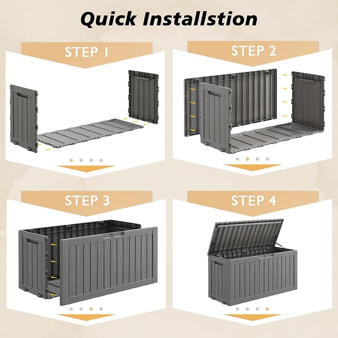 Fancyango 90 Gallon Outdoor Deck Box Waterproof, Large Storage Box for Patio, Resin Storage Bench Lockable for Garden Tools, Package Delivery, Grey