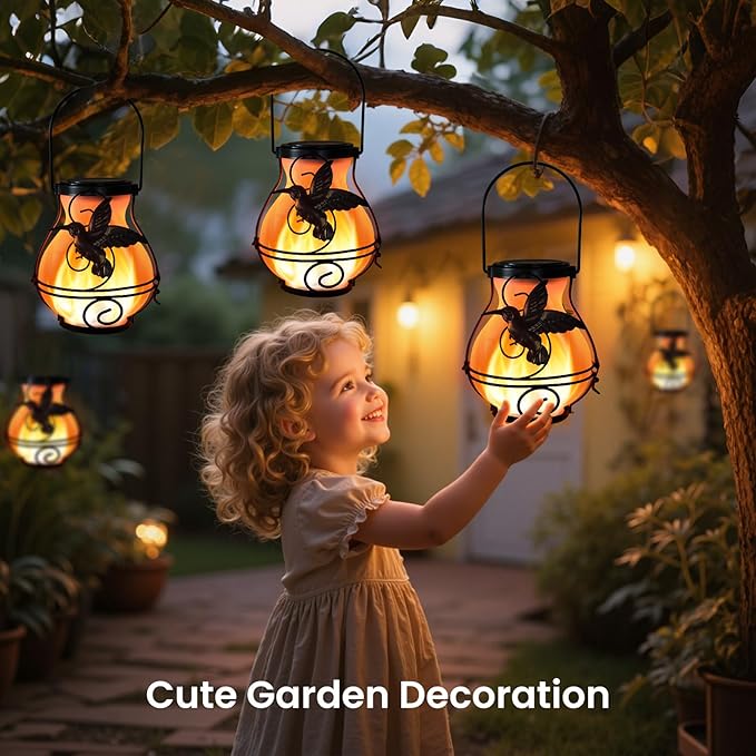 4 Pack Solar Lanterns Outdoor Waterproof Flickering Flame Lights Hummingbird Metal Hanging Solar Lantern Patio Porch Garden Decoration