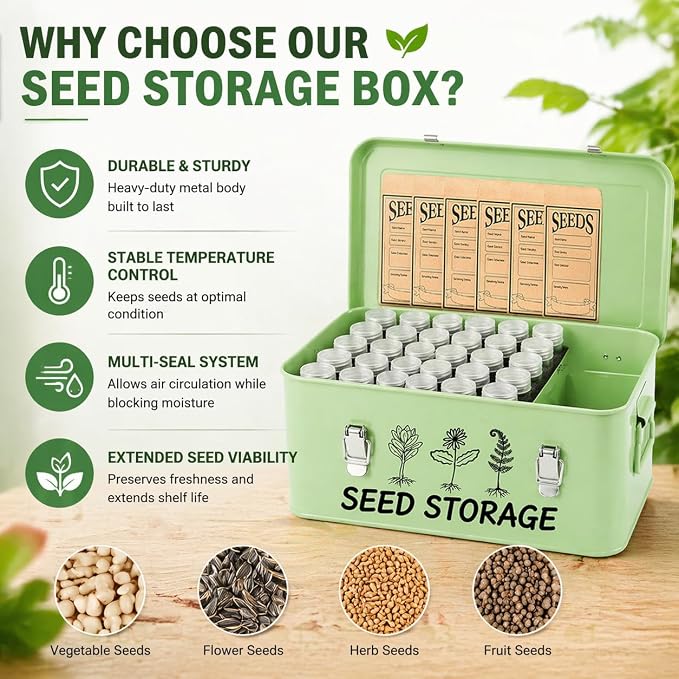 FOCHIER F Large Metal Seed Storage Organizer Box with Lid, Double-Layer Seal Design, 304 Stainless Steel Safety Lock, Handles, Extra Seed Envelopes and Labels