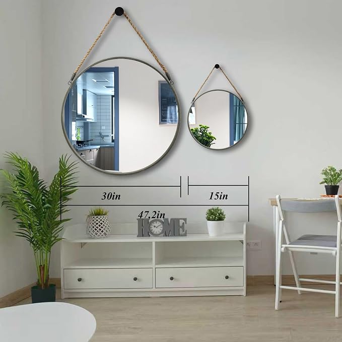 POZINO Round Mirror with Rope, 30 Inch Large Circle Hanging Mirror with Grey Metal Frame, Farmhouse Decorative Mirror for Bathroom Bedroom Living Room Entryway Fireplace