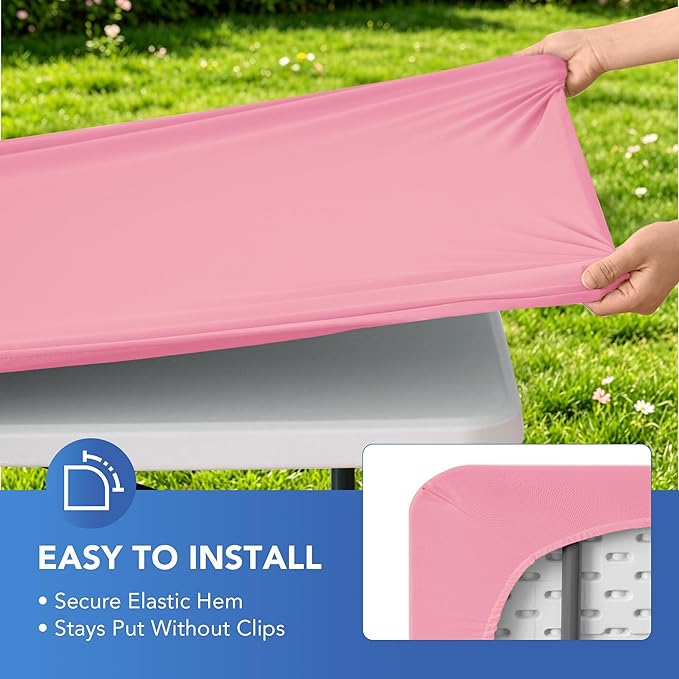 Fitted Tablecloth for 8 Foot Rectangle Tables-6 Pack Pink Elastic Outdoor Picnic Table Cover-Spandex Stretch Folding Table Cloths 8ft for Camping Dining Room Patio Kitchen Banquet Party