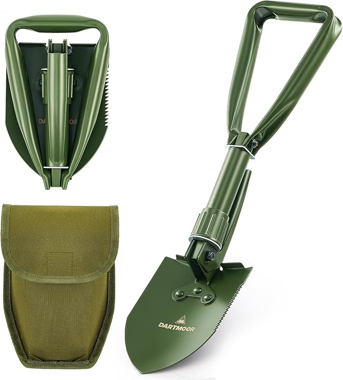 DARTMOOR Folding Shovel, 18" Mini Camping Shovel with Saw Edge, Lightweight Outdoor Survival Shovel for Digging, Camping, Hiking, Garden, Backpacking, with Storage Bag, Green
