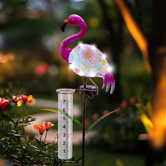 for Wife/Women, Flamingo Rain Gauge Outdoor - Solar Garden Stake Rain Gauges Outdoors Best Rated with LED Lights & Plastic Measuring Cup for Yard Lawn Patio Flowerpot Decor