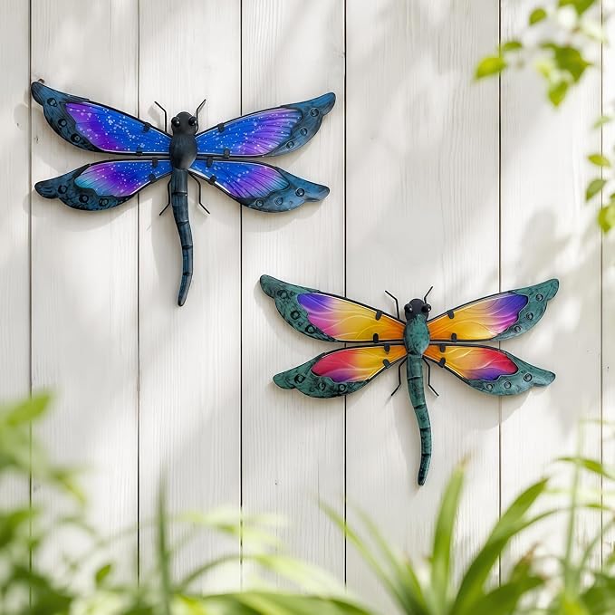 HONGLAND 2 Pcs Metal Dragonfly Decor, Dragonfly Outdoor Wall Decor, Metal Wall Art, Wall Sculptures Gifts Hanging Decorations for Garden Fence Yard Home-Orange&Blue