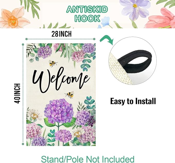 Baccessor Summer Hydrangea House Flag Double Sided 28x40 Inch, Purple Flower Floral Welcome House Flag Burlap Seasonal Farmhouse Yard Outdoor Decoration (Large)