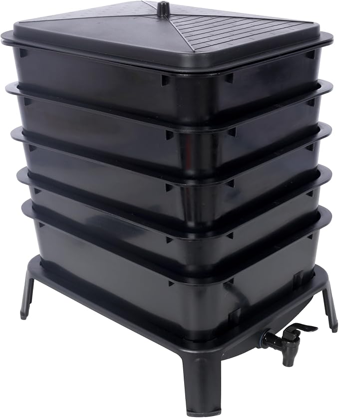 5-Layer Worm Bin with Worm Farm Kit, 50L Worm Composter Indoor & Outdoor with A Tap for Recycling Food Waste, Worm Castings, Easy Setup (Black, 5-Layer)