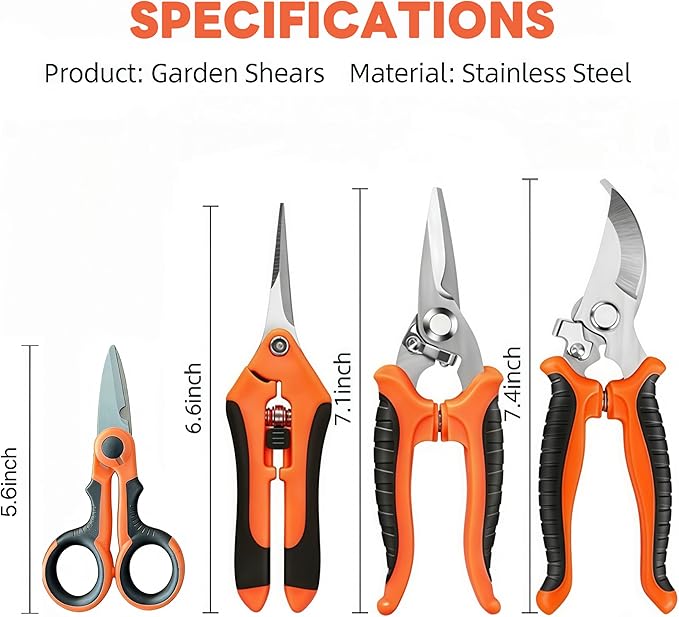 4 Pack Garden Pruning Shears Set - Stainless Steel Blades with Comfort Grip Handles, Heavy Duty Pruning Snips, Plant Scissors for Trimming Flowers, Herbs, Bonsai - Spring-Loaded with Safety Lock